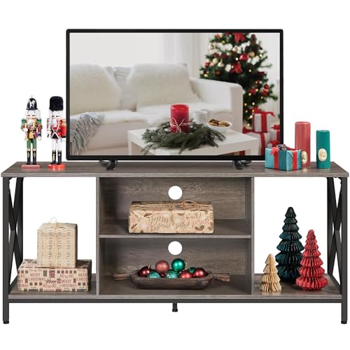For Up To 65 In Tv, Industrial Entertainment Center Tv Cabinet With Open Storage For Living Room, Metal Frame Flat Screen Tv Table With Adjustable Feet, Taupe Wood