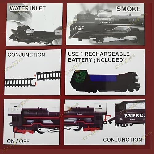 Image of Crackles Small Steam Train Set for Kids - Light & Hindi Music Vintage Engine with Smoke Effect, Rechargeable Battery, Type-C Cable, Water Dropper & Tracks - Battery Operated Toy for Boys & Girls