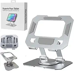 Suporte para Tablet em Aço Carbono Com Metal Resistente Apoio para Mesa Pedestal Portátil Dobrável Articulado Base Rotativa 360º Design Moderno Ajustável Antiderrapante Ampla Compatibilidade