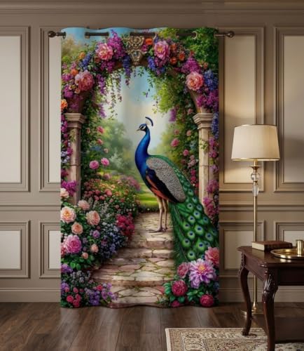 Image of Digital Printed Curtain with Pink Rose and Butterfly Design, 7 Feet, Grommet Top, White (1, Flower Gate Peacock, 7 Feet)