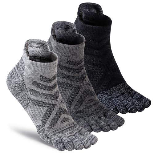 BATTLEDEER Merino Wool Toe Socks Enhanced Breathability Thick Cushion Warm Hiking Five Finger Ankle Socks For Men Women 3 Pairs (US Alpha Large Regular Regular Dark)