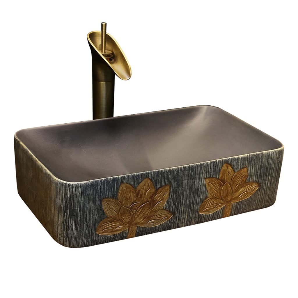 ASerZenith Vanity Vessel Sink Bathroom Sink Lotus Pattern Art Countertop Basin Home Bathroom Washbasin Rectangular Ceramic Washbasin Bathroom Vessel Sink
