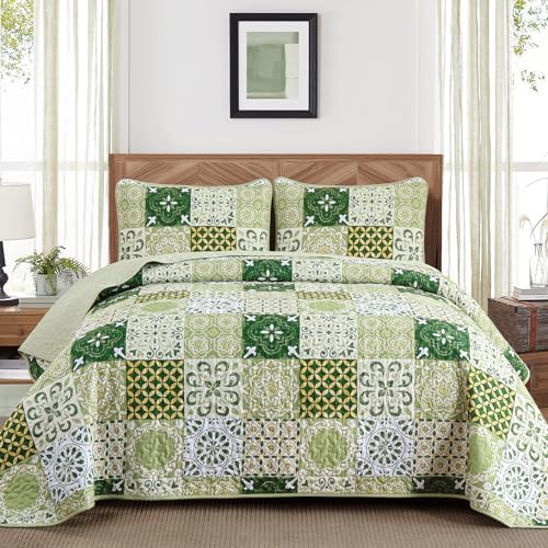 Dobuyly Green Quilt Set Queen Size, Boho Sage Green Plaid