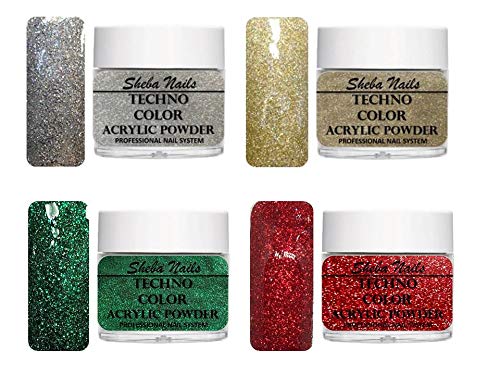 SHEBA NAILS ACRYLIC Powder FESTIVE VARIETY KIT - 1oz Jar each Sparkling Holo Silver, Sparkling Holo Gold, Sparkling Emerald Green, and Sparkling Ruby Red