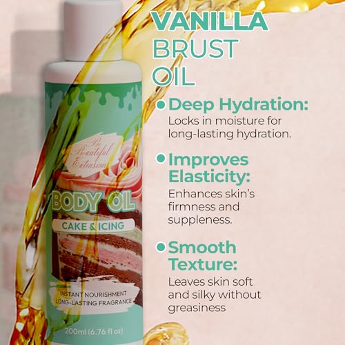 Image of Body oil designed for Deep Hydration to nourish, protect, and rejuvenate the skin while leaving it with a soft, radiant glow and a cake & icing scent long -lasting fragrance, jojoba oil and more