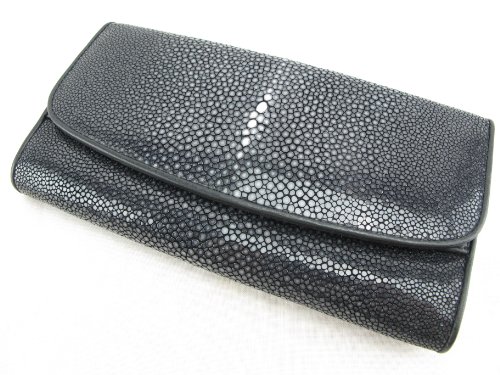 Genuine Polished Stingray Skin Women's Trifold Clutch Wallet (Polished Black) (Black)