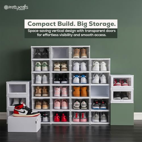 Image of PrettyKrafts 6-Tier Collapsible Shoe Rack with Door | Heavy Duty Plastic Sneaker Crates | Transparent Shoe Boxes | Sneaker Shoe Stand | Organiser for Heels, Boots, Loafers, Slippers (26 x35 x 90 cm)