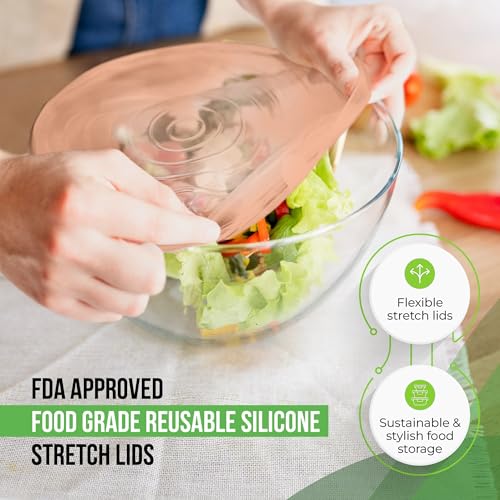 Image of Reusable Silicone Stretch Lids for Food Storage in Fridge - Elastic Heat-Resistant Bowl Covers, Cups, Cans, Jars - Universal Food Grade Lid for Containers - 7 Pack - Apricot Stretchy Lid Set