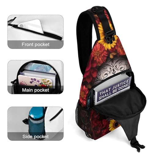 Men's Small Day Pack, Cross Body Sling Bag, Travel Hiking Fashion Chest Bag Mexican Day of The Dead Sugar Skull Floral Women Art4