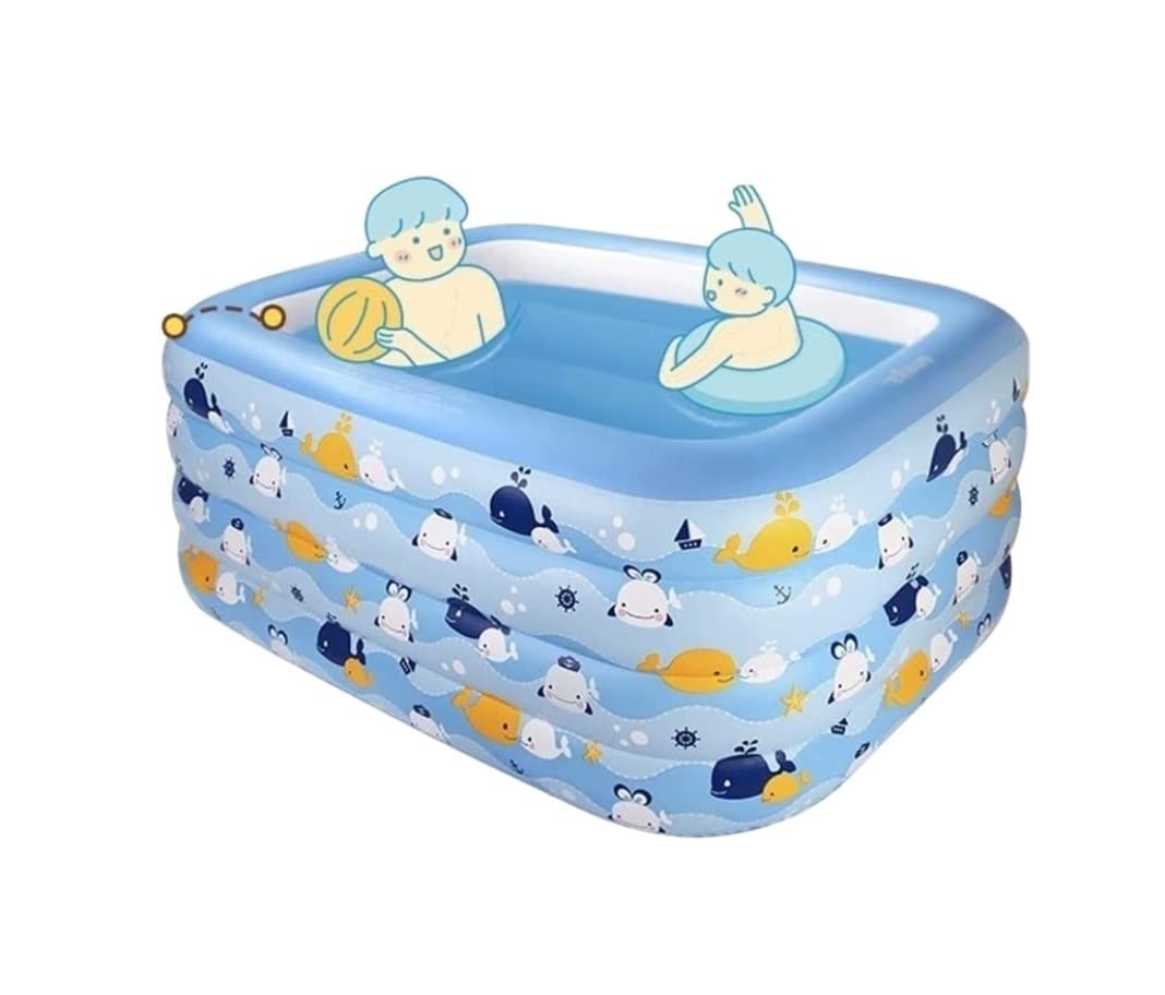 TOTIKI Paddling Pool Blue 4 Ring Inflatable Paddling Pool, Rectangular Swimming 180x135x70 Cm Above Ground Blow Up Garden