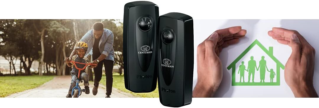 Centurion Photon sensors integrated into a home security context, with a child learning to bike and a house protected by hands.