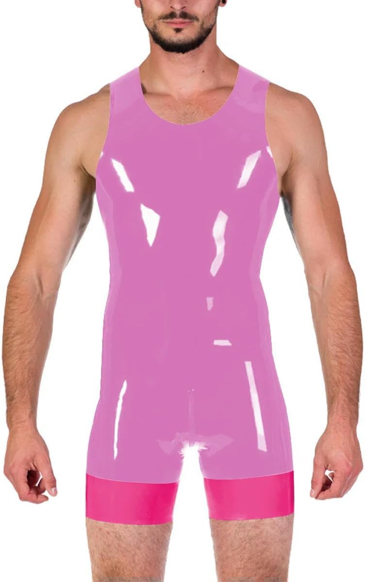 Mens One Piece PVC Leather Bodysuit Patchwork Sleeveless Rompers Party Cosplay Jumpsuit Clubwear customizable