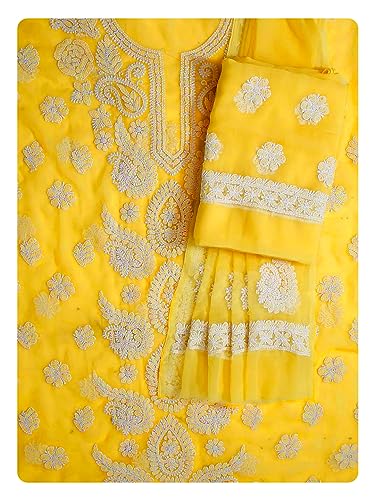 Image of Ada Hand Embroidered Lucknow Chikankari Unstitched Georgette Dress Material Suit Set for Women
