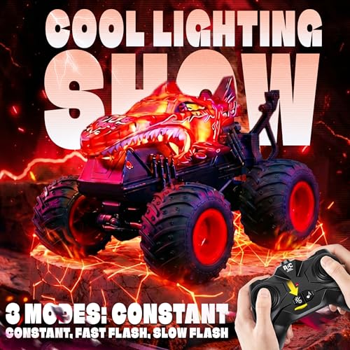 Image of BEZGAR Monster Truck Toys - Remote Control Monster Truck with Light & Music, Dinosaur Toys for Kids, 1:20 Scale RC Truck with 360 Spins and Drifting, Remote Control Car for Boys 4-7 Red