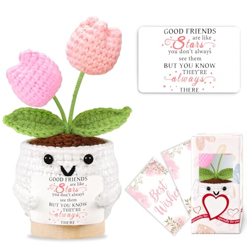Friendship Gifts for Women Tulips Crochet Flowers Best Friend Gift Funny Small Christmas Birthday Gifts for Women Personalized Friends Colleague Bestie Galentines Present Cute Stuff Desk Accessories