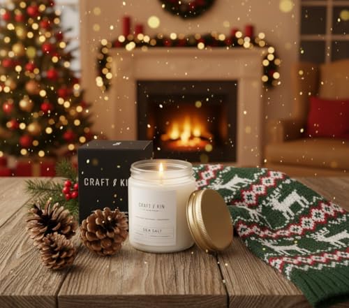 Craft & Kin Sea Salt Christmas Scented Candle| 8 Oz 45 Hour Long Lasting | Classic Soy Winter Candles Wood Wick | Made with Natural Soy | Holiday Candles Gifts for Men and Women - Image 3