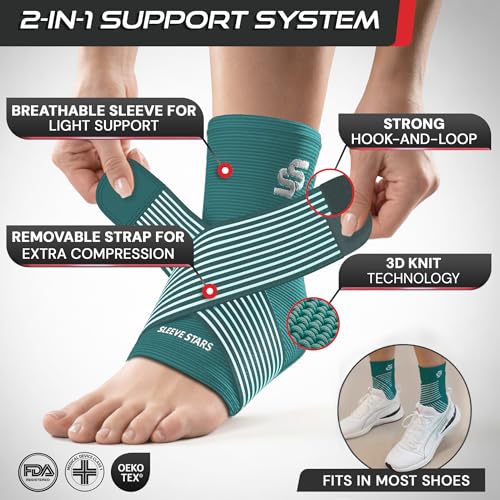 Image of Sleeve Stars Ankle Brace for Women & Men, Ankle Wrap for Sprain, Compression Sleeve for Plantar Fasciitis Relief, Easy Customizable Support: w / Removable Strap (Pair /M:10 inch-12 inch /Turquoise)