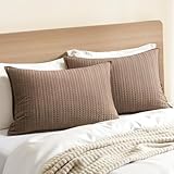 Woaboy 100% Cotton Waffle Pillow Shams Standard Size, 2 Pack 20x26 Decorative Pillow Covers for Bed Couch Sofa, Neutral Soft Weave Cushion Cases Modern Farmhouse Home Decor, Brown