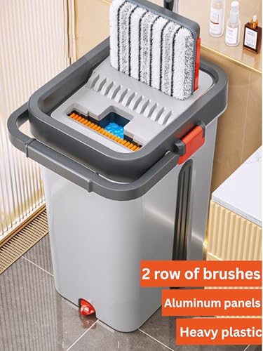 Image of Mop Bucket Heavy Quality Floor Mopp with Bucket, Aluminium pad,Flexible Kitchen tap Flat Squeeze Cleaning Supplies 360 Flexible Mopp Head /2 Reusable Pads Clean Home Floor Easy to Use (Orange)