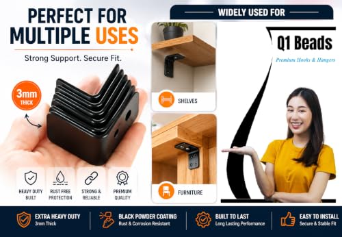 Image of Q1 Beads 4 Pack Metal 4 x 4 inches Heavy Duty 30 Kgs. Load Capacity L Clamp Angle Bracket Floating Shelf Bracket for Wall Shelf,Rack, Home,Shop, Showroom (4 x 4 Inches, Black Powder Coated)