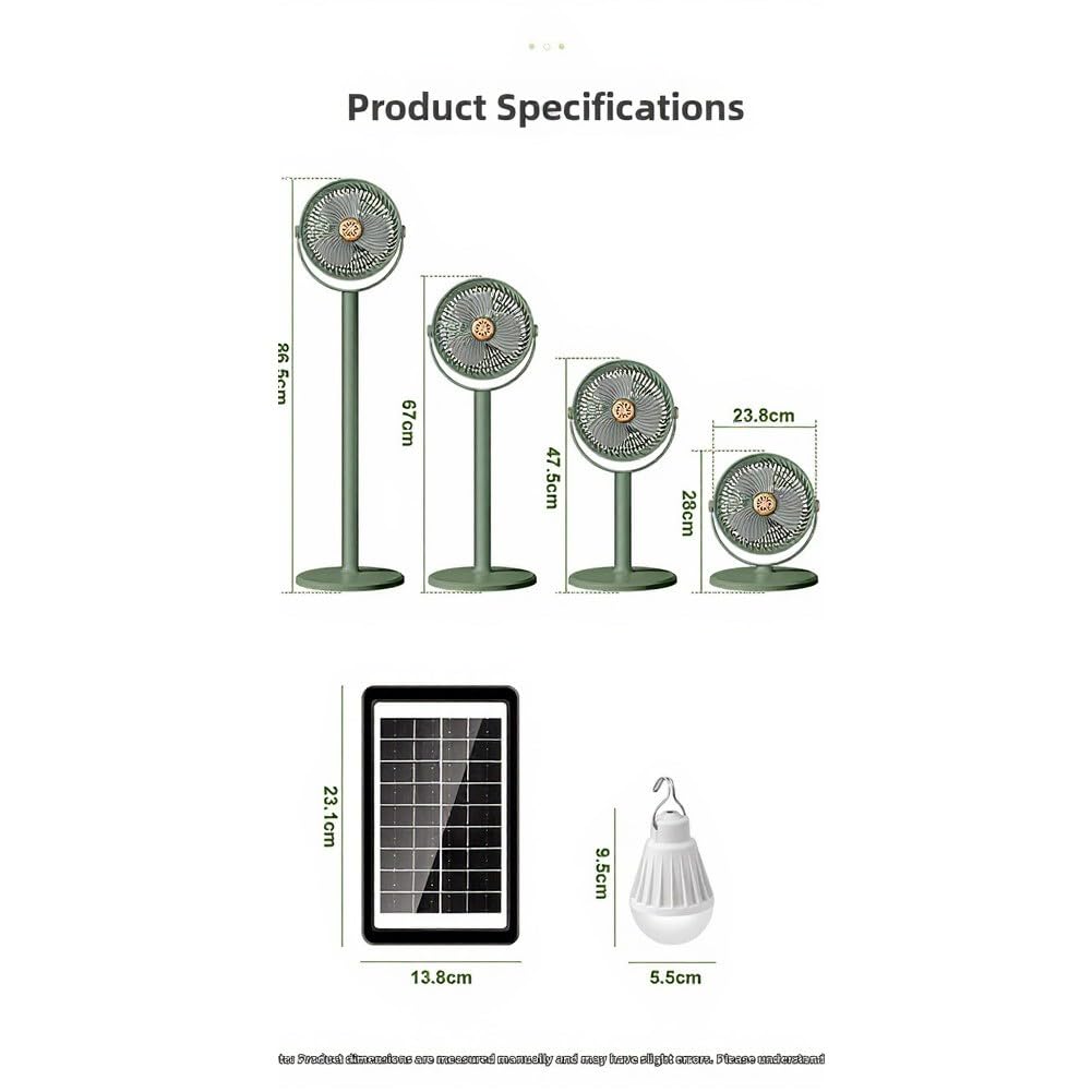 EasyByMall Ventilatore solare portatile da terra con regolazione verticale a 360°, ventilatore da pavimento a batteria ricaricabile a 5 velocità con luce LED per campeggio, casa, ufficio all'aperto