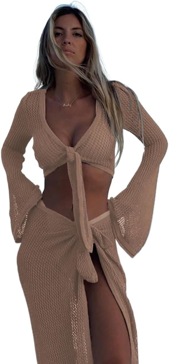 Women's Solid Color Neck Long Sleeve Top And Skirt Set cover ups for swimwear