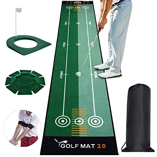 Tresbro Putting Green Indoor, Golf Putting Mats with Plastic Golf Putting Cup and All-Direction Putter Cup and Training Aid Arm Band, Bidirectional Golf Practice Mats for Indoor Outdoor Office Yard