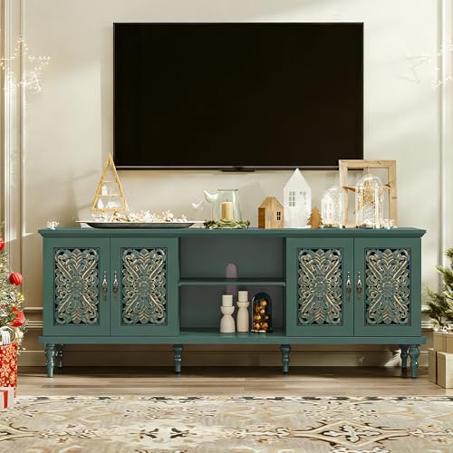 ARTPOWER 67'' Vintage TV Stand with Hollow Carved Doors and Adjustable Shelves, Retro Entertainment Center with Storage, Long TV Consoles for Living Room, Bedroom, Green