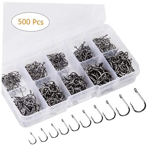 NiceButy 500pcs Hameçons, 10 Tailles en Acier Pêche Crochet W/Portable Boîte en Plastique, Hameçon avec Ardillon pour