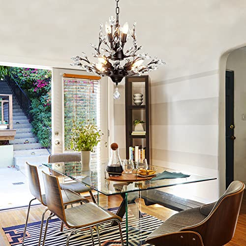 Fine Maker Vintage Crystal Chandelier, Flower Crystal Chandeliers, Black Pendant Lighting Fixtures, Ceiling Light For Dining Room Living Room Bedroom Restaurant Porch Foyer With 7 Light 29.5''D #TOP3