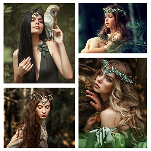 Mostory Dark Green Crown Headpiece Woodland Elf Headband For Women Girls Fairy Forest Circlet Tiara With Bronze Deer Antlers Halloween Renaissance Maternity Cosplay Costumes Hair Accessory #TOP4