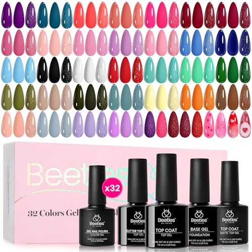 beetles Summer Gel Polish Set - Fingertip Palette, 32 Colors Polish Set with Base Top Coat Pink Red Blue Purple Brown Yellow Green Black White Uv LED Lamp Nails Gifts for Women