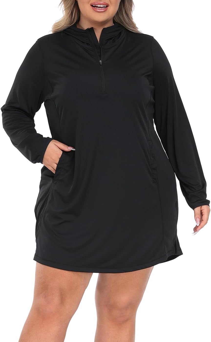 HDE Women's Plus Size Swim Coverup Dress with Hood UPF 50 Long Sleeve Cover Up