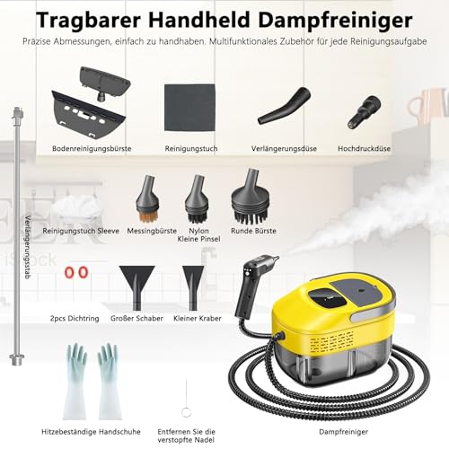2026 New 3 Level Adjustable Pressurized Handheld Steam Cleaner for Home, 10s Heat-Up Handheld Steamer for Cleaning, 1.6 Qt Tank Portable Steam Cleaner Handheld for Car (1, Yellow) by Calegency - Used condition - Image 8