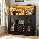 Unikito Wine Bar Cabinet with LED Light, Liquor Cabinet with Wine Rack and Glass Holder, Coffee Bar Cabinets with Drawer, Buffet Sideboard Table with Storage Shelves for Home Kitchen, Black