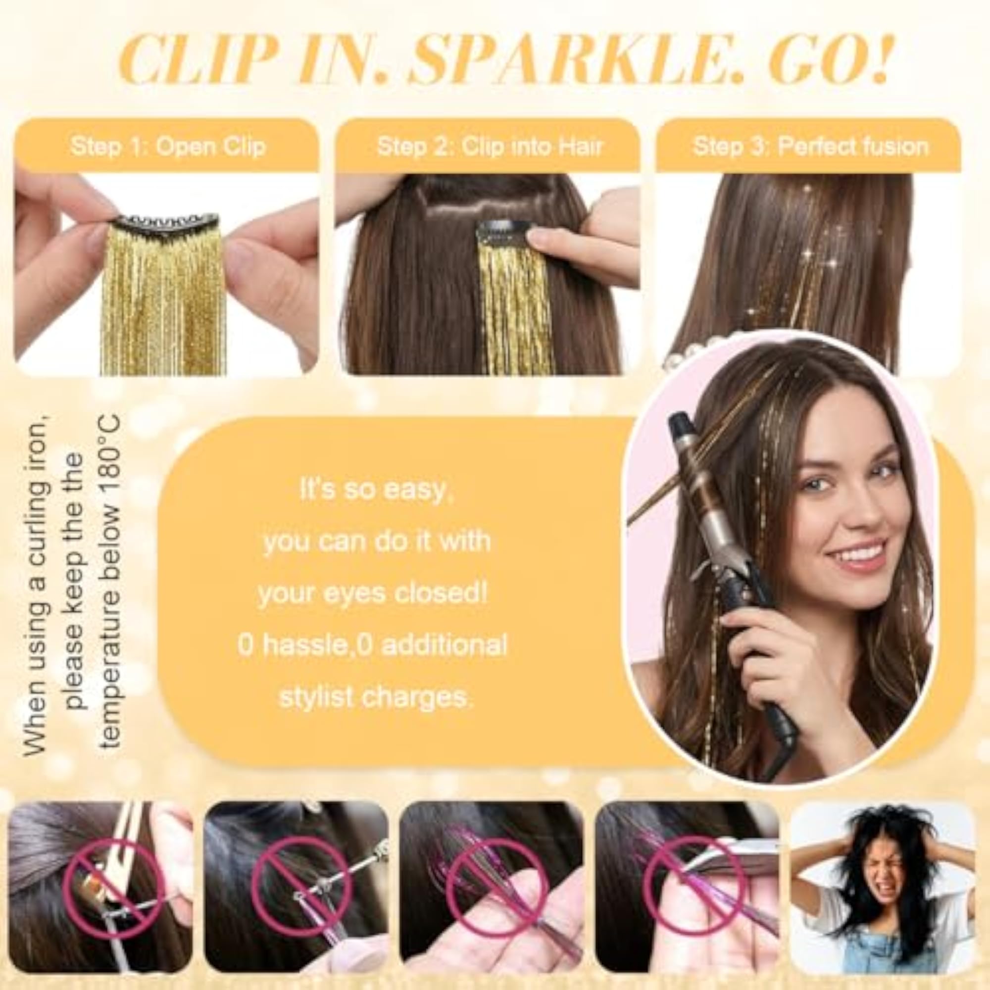 6Pcs Gold Glitter Clip-In Hair Tinsel Extensions for Women