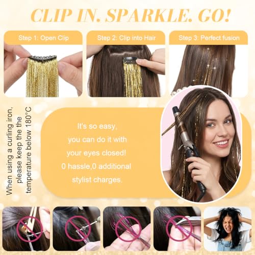 Image of MAYCREATE 6Pcs Clip in Hair Tinsel Gold Glitter Hair Extensions Tinsels for Women Heat Resistant Sparkle Strands for Women Girls Kids Party Festival Decoration