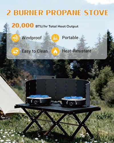 UNICCA Portable 2-Burner Propane Camping Stove with Windscreen, Foldable & Carry Bag, 20000 BTU Adjustable Burners & Piezo Ignition for Outdoor Adventures (Black) - Image 2