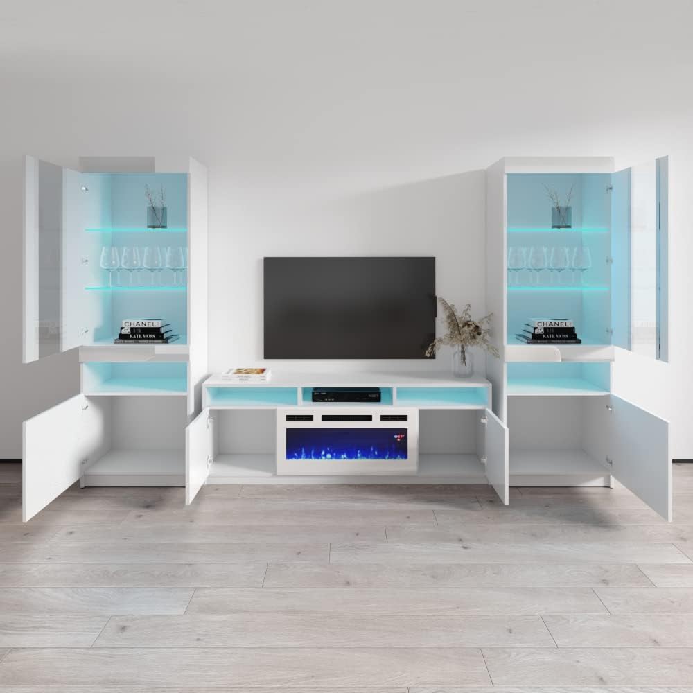 Meble Furniture Reno WH05 Electric Fireplace Entertainment Center — Komi Bookcase Storage — Modern TV Stand with 16-Color LED Lights, 70.5" W x 16.5" D x 55.5" H — White