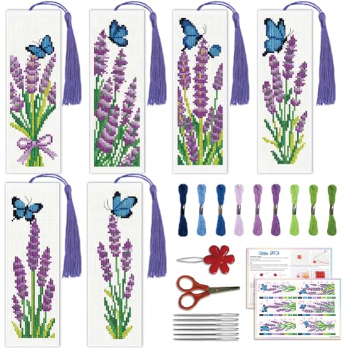 Image of ACRNIGHEET 6PCS Cross Stitch Bookmark Kit for Beginner Stamped Cross Stitch Kits for Adults Lavender DIY Tassel Embroidery Bookmark Kits Needlepoint Kit with Instructions Craft Gift 8.5''x3'' 11CT