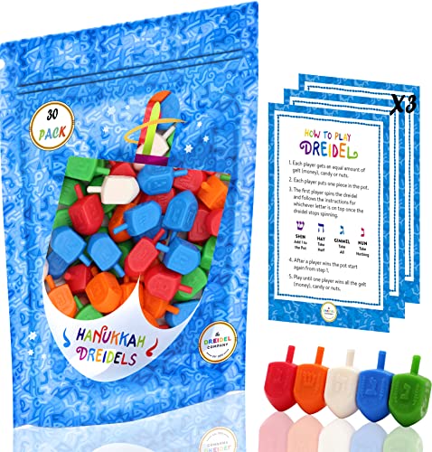 The-Dreidel-Company-Hanukkah-Dreidels-Multicolor-Plastic-Chanuka-Dreidels-with-English-Transliteration-Includes-Dreidel-Game-Instruction-Cards-30-Pack