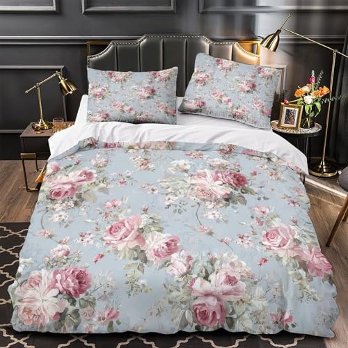 JQKZXNHPDR Roses Floral Linge de Lit Microfibre Hypoallergique 3D Effet 3 Pièces 2xTaies Douce Vintage Romantic Parure de Lit Ultra Douce Entretien Facile for...