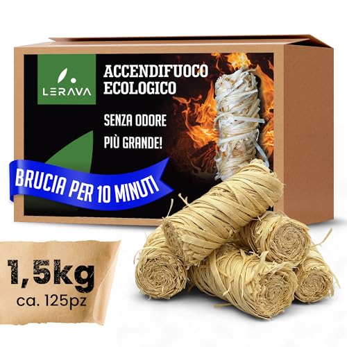 LERAVA Accendifuoco Ecologico (ca. 125pz) - Fire Starter Naturale con Fiamma Forte - Accendi Carbonella Barbecue, Camino & Stufa - FSC Certificato - Accendi Fuoco Sicuro & Lunga Durata - 1,5kg
