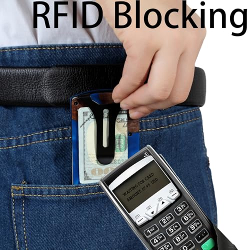 Image of Minimalist Wallet for Men, Slim Metal RFID Blocking Wallet Credit Card Holder Money Clip & Cash Strap, Scratch-Resistant Holds 15 Cards,Ideal Gift for Men | Resin Wood, Unique Pattern ,Dark Blue
