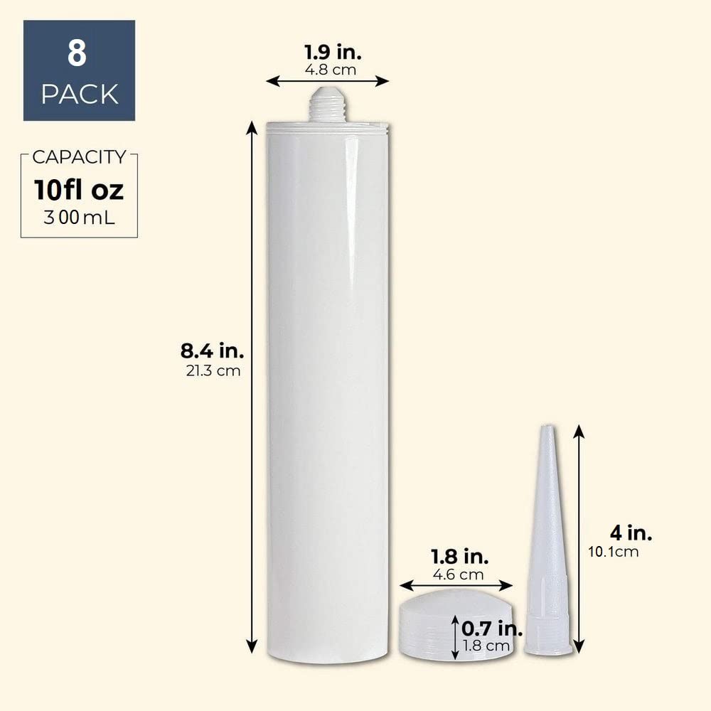 Empty Fillable Plastic Caulk Tube 300 ml. Also Know as 10 oz. 11 oz. Standard Size and Pint Size Caulk Tube with Removable Tip (8 Pack)