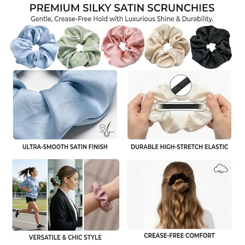 5Pcs Irregular Embossing Satin Scrunchies Smooth & Soft Fresh Colors Hair Ties Fashion Hair Bands Elastic Bracelets Ponytail Holders Hair Accessories for Women Girls (4.7 Inch) — view 3