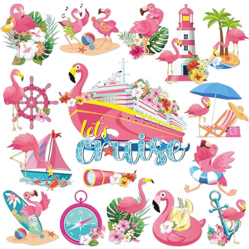 Dazoratix Flamingo Cruise Door Decorations - 16 Pcs Funny Hawaii Ship Cabin Magnets Pink Magnetic Stickers Palm Anchor Decals Tropical Stateroom Accessories for Summer Vacation Party Carnival Garage