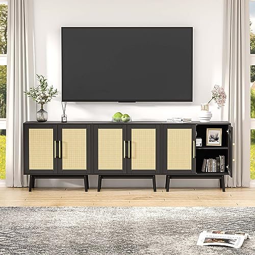 LYNSOM Sideboard Buffet Storage Cabinet, Long Buffet Cabinet with Rattan Decor Doors, Cupboard Console Table, 3 Pieces Wooden Sideboard Cabinet for Hallway, Entry, Living Room, Black - Thumbnail 3