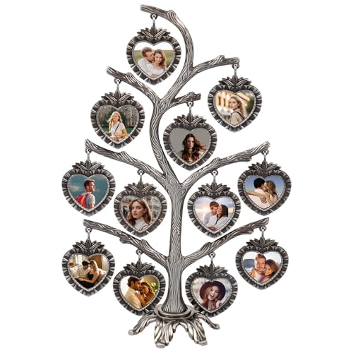 Family Tree Picture Frame, 7/12 Hanging Picture Frames, Fashionable Family Photos Frame Display, Perfect for Mother's Day, Birthdays, Christmas Day, Metal Table Top Photo Frame Decoration (Heart-shaped - 12 photos)