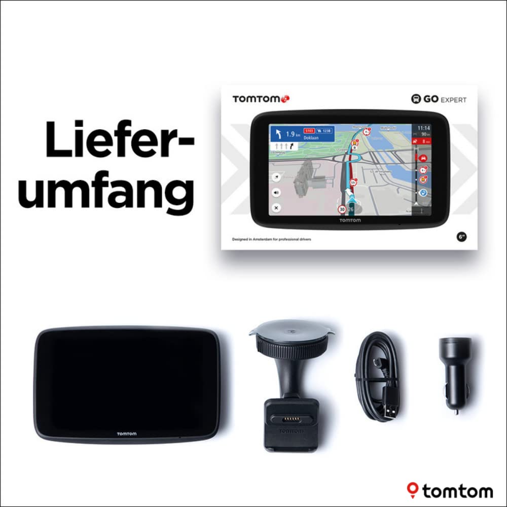 TomTom LKW Navigationsgerät GO Expert (6 Zoll HD-Bildschirm, Routen für große Fahrzeuge, Stauvermeidung Dank TomTom Traffic, Weltkarten, Warnungen für Beschränkungen, schnelle Updates über WiFi)